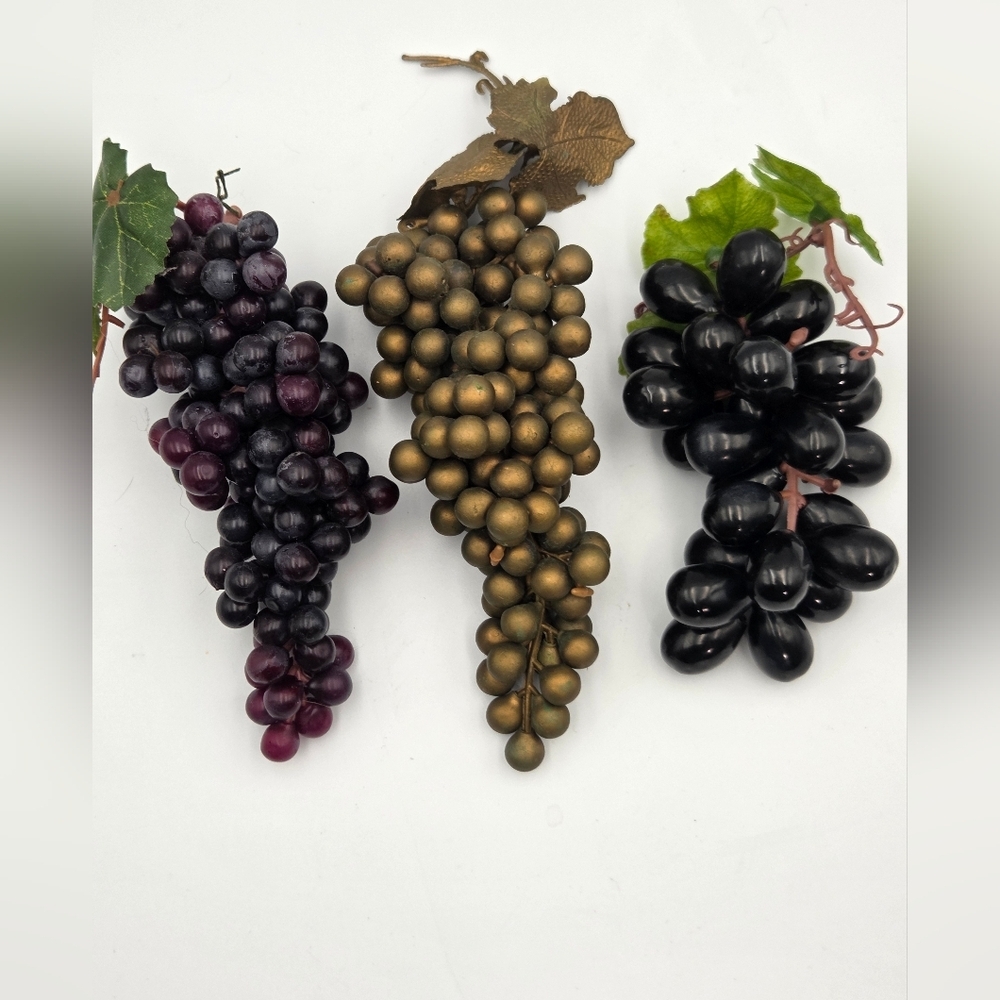 3 Vintage Clusters Of Faux Realistic Rubber Grapes - Gold, Black & Purple